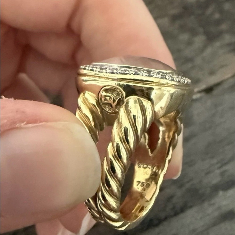 David Yurman Albion  18k Gold Ring Rose Quartz Center Diamond Halo - Size 8.25 - Picture 3 of 7